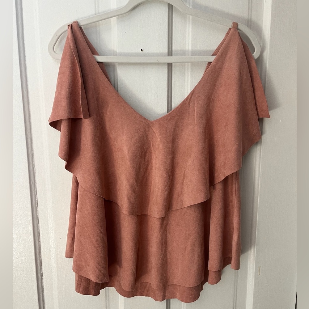 She + Sky Women's Blush Pink Faux Suede Ruffle Tank Top Size Large